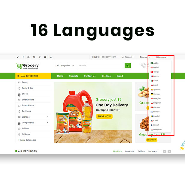 16 language - Grocery and Shopping OpenCart 3.X Multistore Theme (Shopping, Mall)